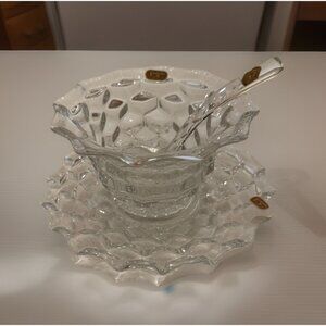 Fostoria American Clear Glass Mayo Bowl, Underplate Saucer & Ladle Serving Spoon